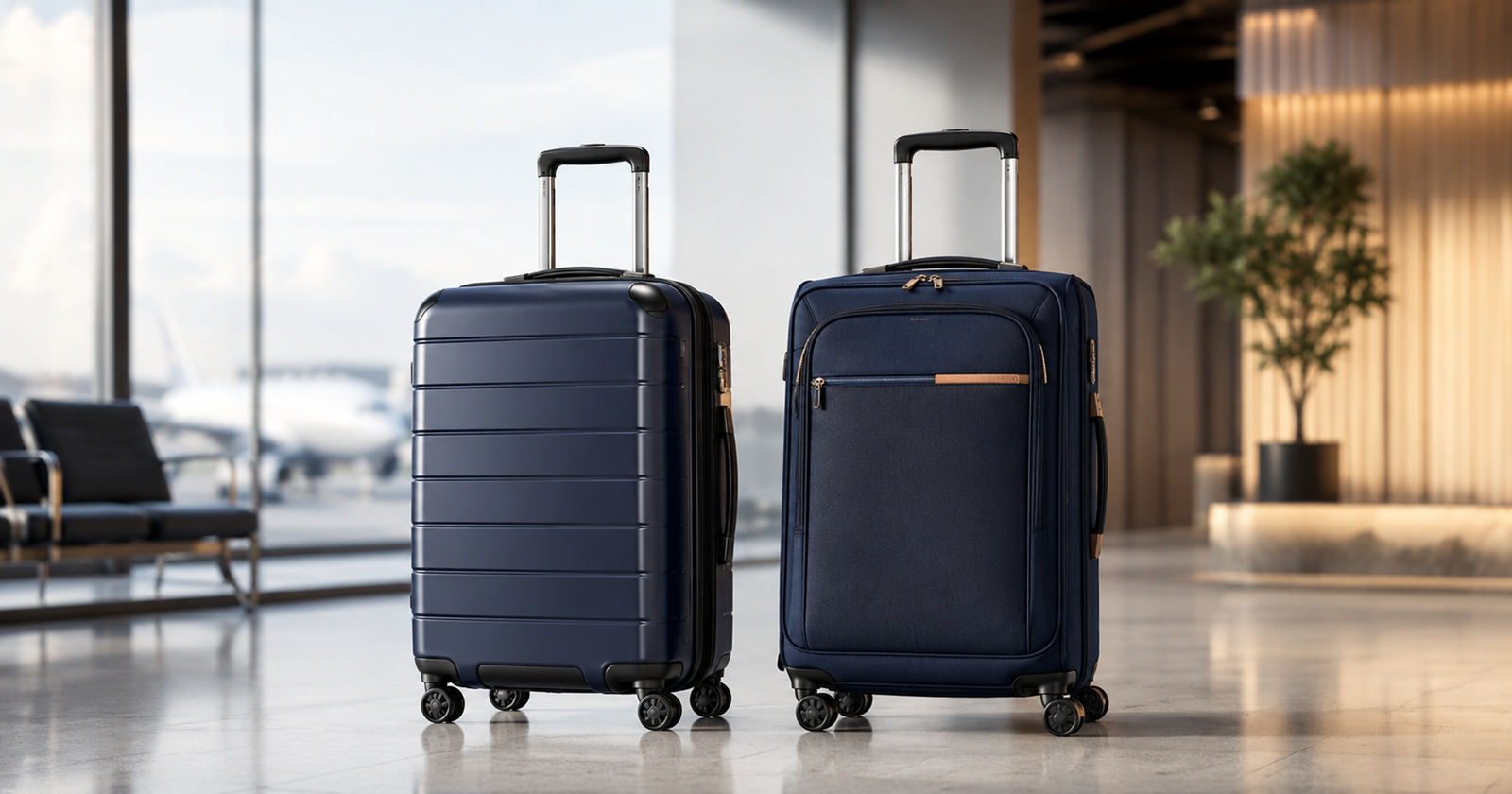 Comparativa de maleta rígida de color azul y maleta blanda de tela gris sobre fondo de aeropuerto