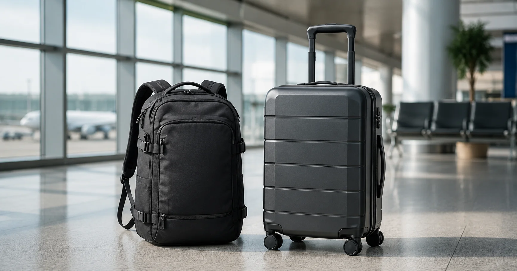 Comparativa entre una mochila flexible de viaje y una maleta pequeña rígida de cabina en un aeropuerto.