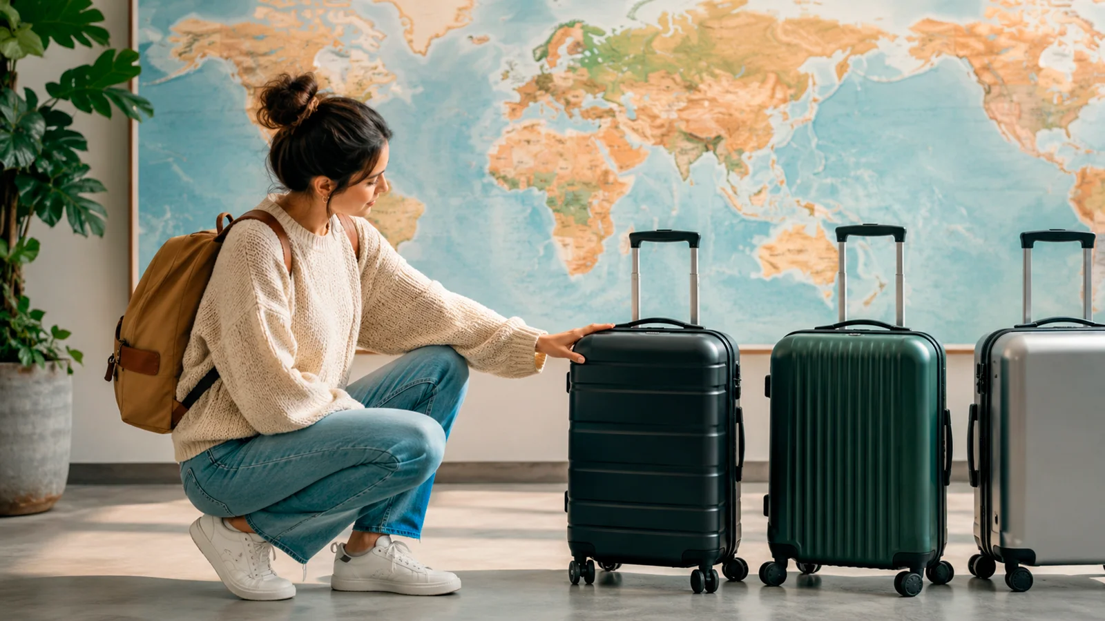 Persona eligiendo una maleta de cabina con un mapa del mundo al fondo