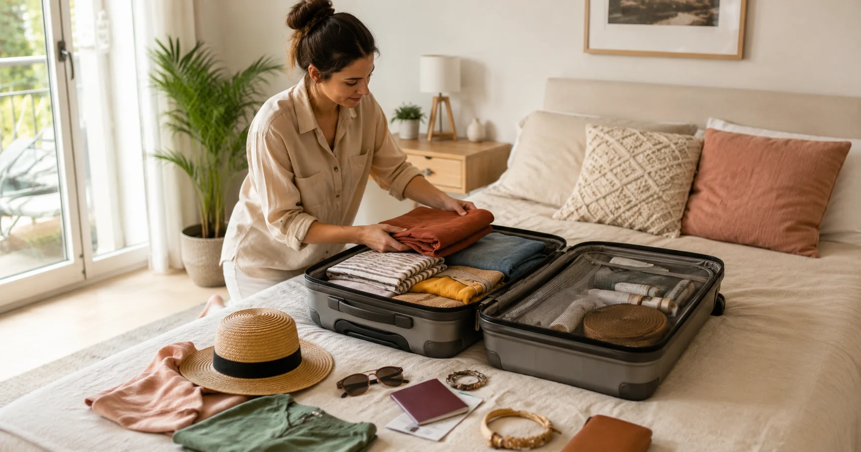 Persona organizando ropa y accesorios en una maleta abierta sobre la cama antes de irse de vacaciones