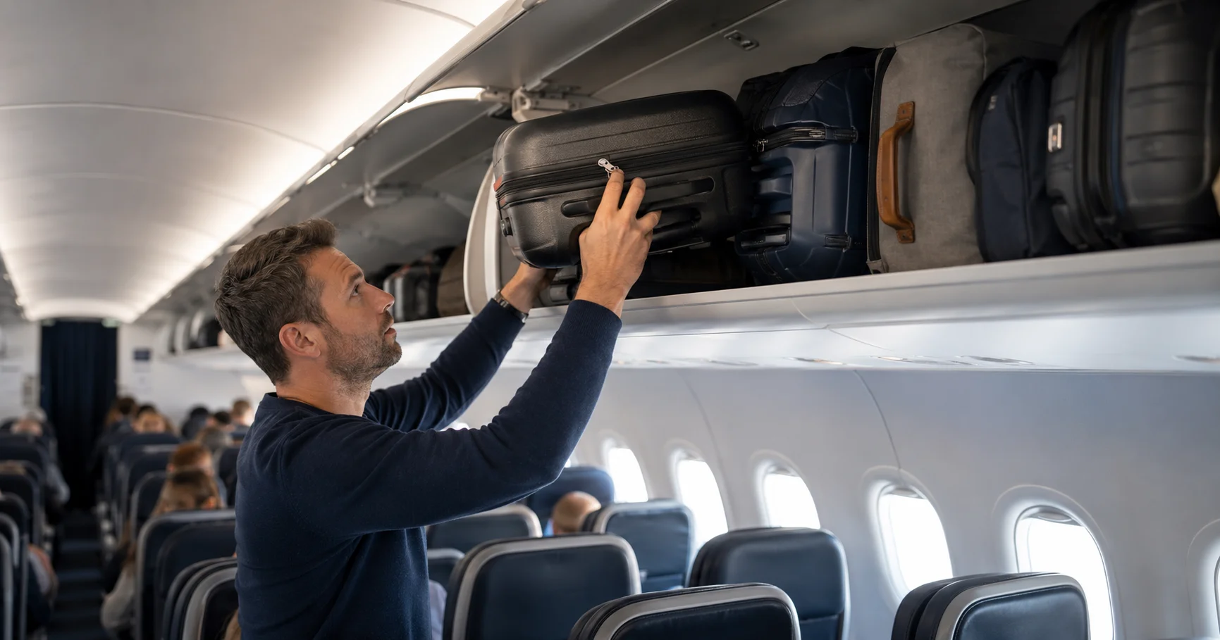 Pasajero intentando colocar su maleta de cabina en el compartimento superior de un avión lleno