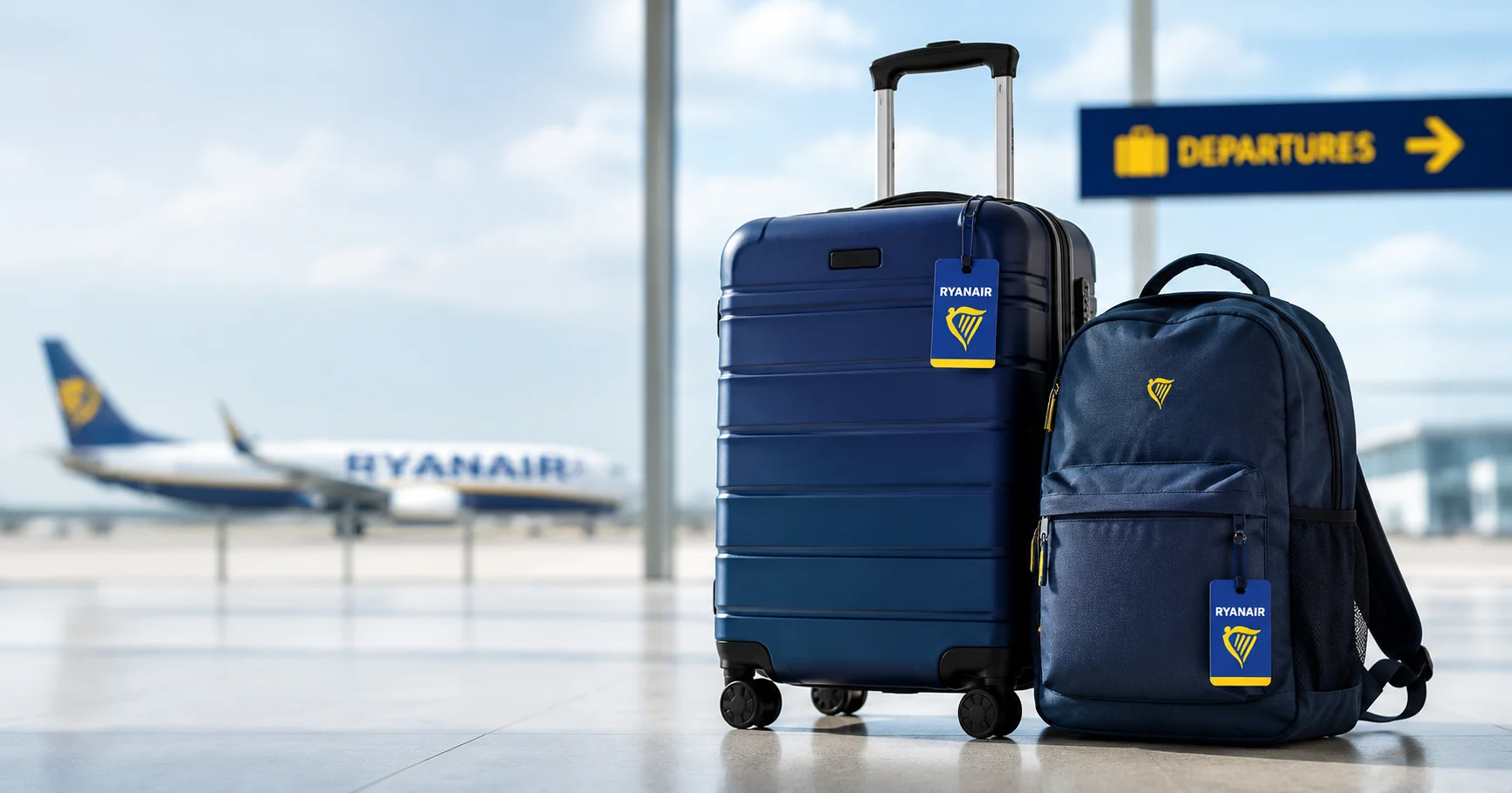 Maleta de cabina y mochila personal sobre un fondo de aeropuerto, simbolizando el equipaje de mano Ryanair