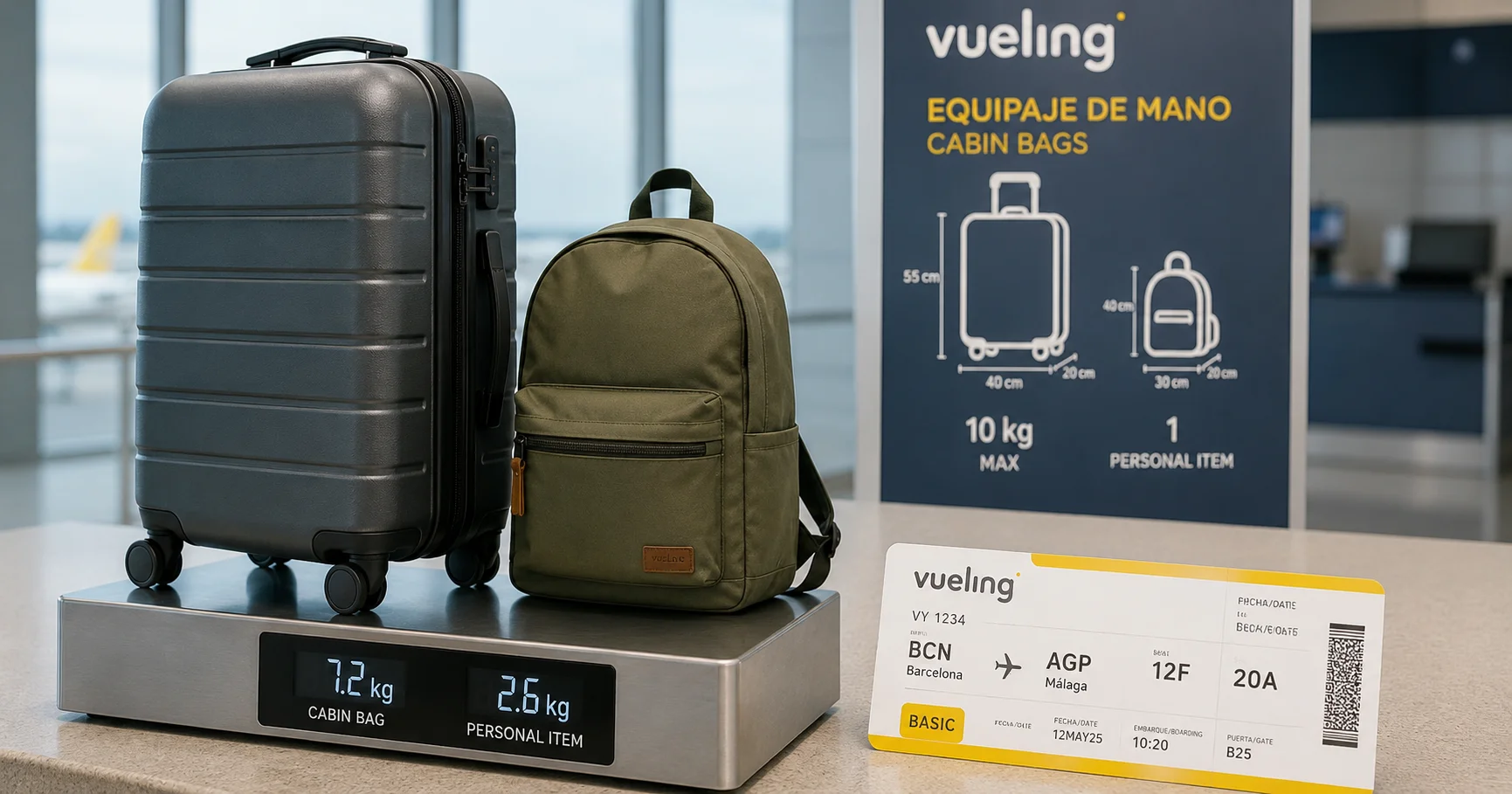Maleta de cabina y mochila personal sobre una báscula de equipaje junto a un billete de Vueling