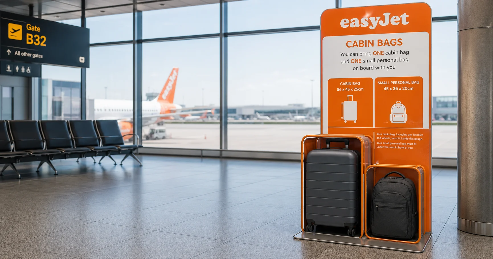 Maleta de cabina y mochila pequeña junto a un medidor de equipaje de EasyJet en un aeropuerto