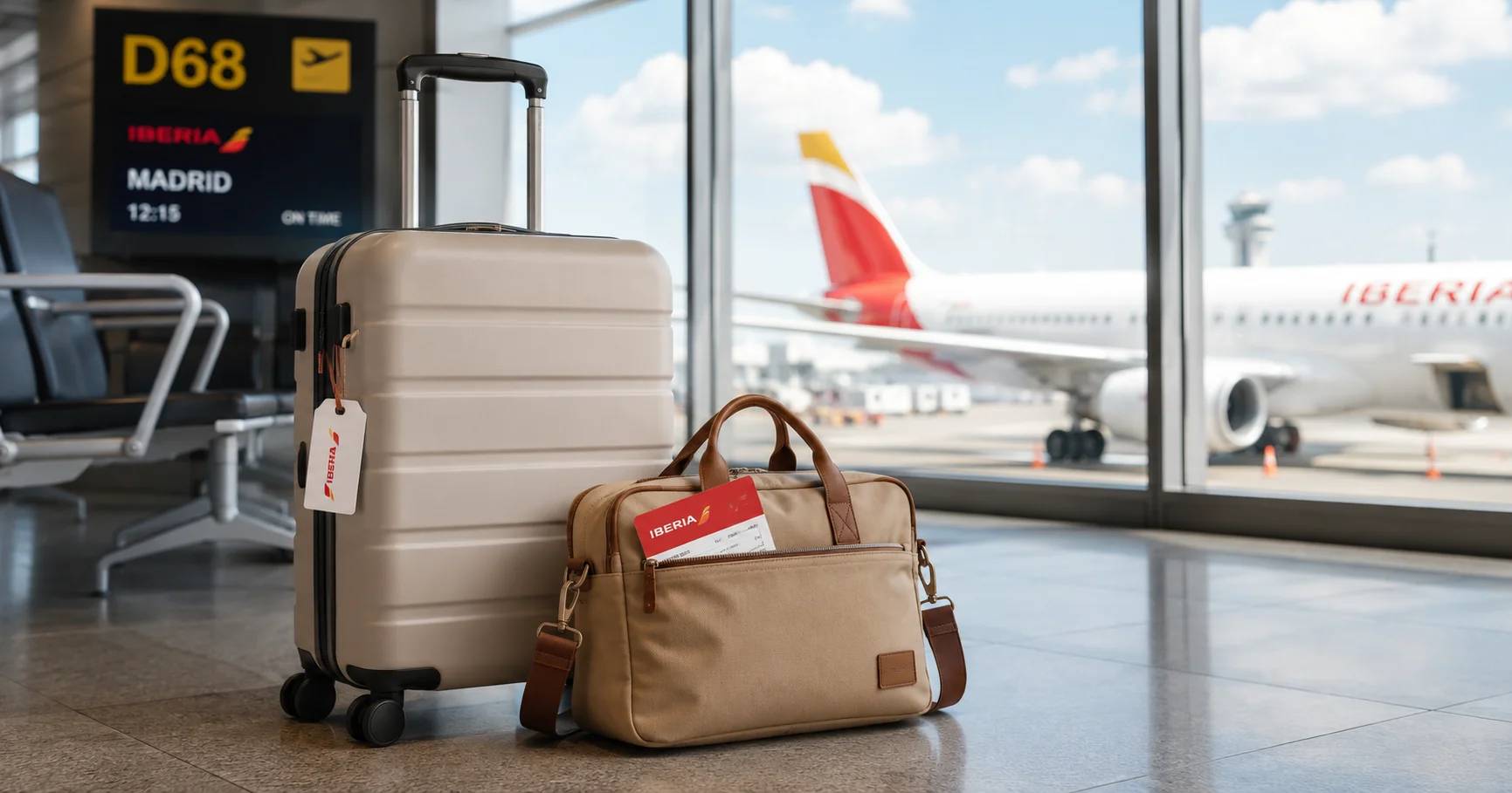 Maleta de cabina y bolso personal en un aeropuerto, lista para un vuelo de Iberia