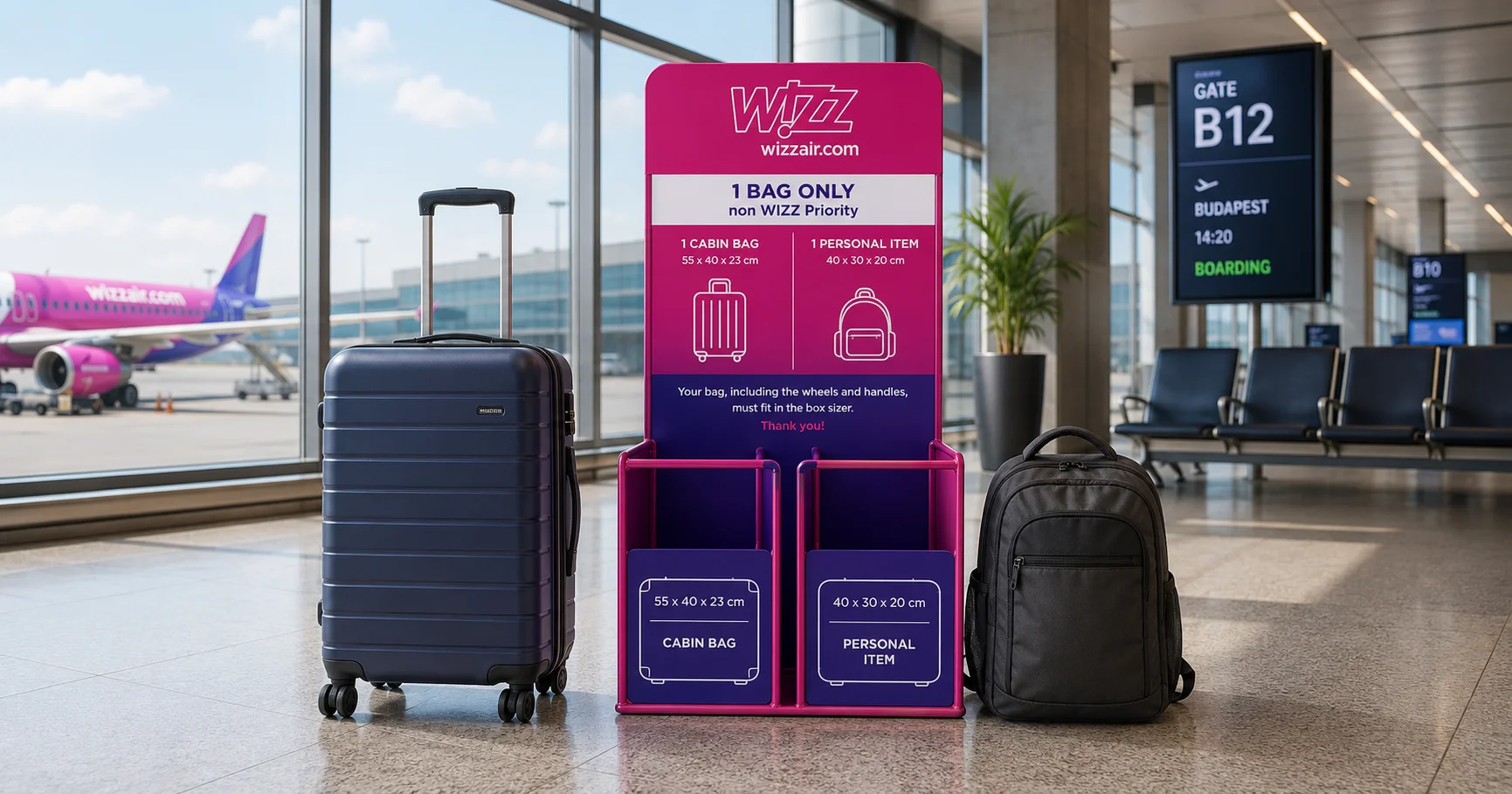 Maleta de cabina y mochila personal junto a un medidor de equipaje de Wizz Air en un aeropuerto