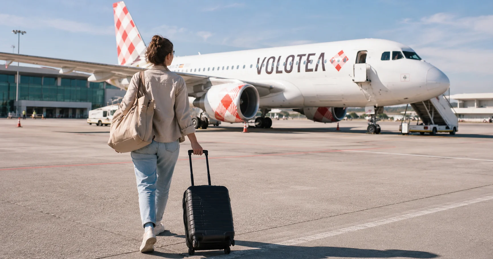 Pasajera caminando con maleta de cabina y bolsa personal junto a un avión Volotea en el aeropuerto.